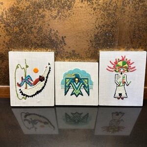 Vintage Set Of 3 Crewel Needlework Southwest Designs Finished